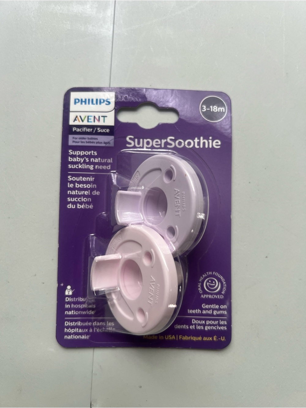 Philips Avent Super Soothie pacifiers in purple and pink, size 3-18m